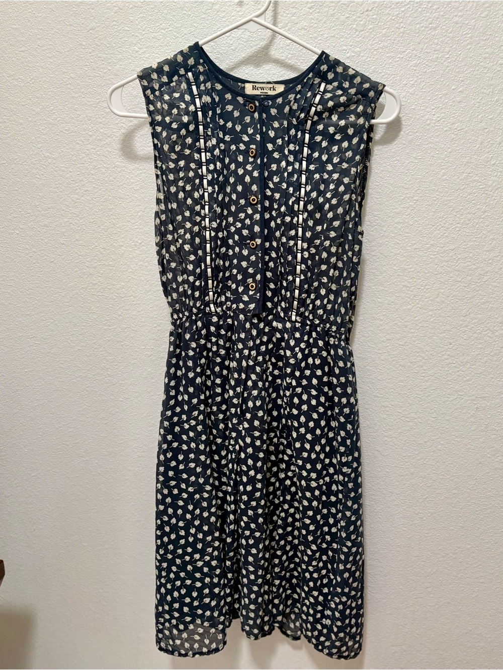 Navy Sleeveless Printed Button-Front Dress